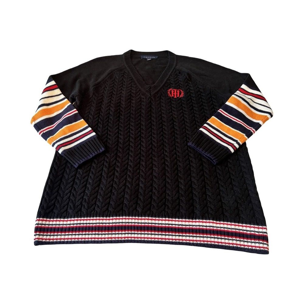 Tommy Hilfiger Mens XL Navy Blue Cable Knit V-Neck Varsity Striped Sweater Logo